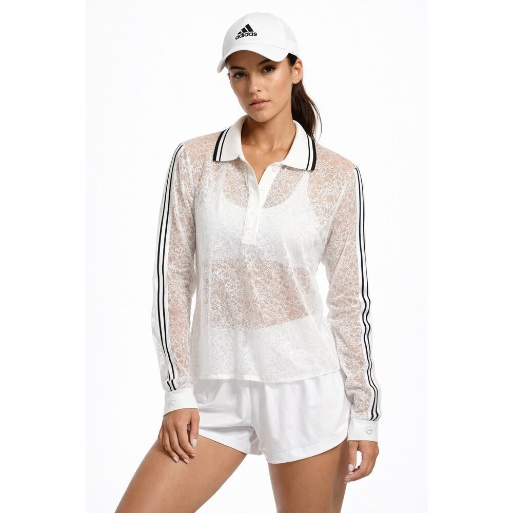 FORAY GOLF Women’s Society Lace Long Sleeve Polo Shirt White/Black Size Large
